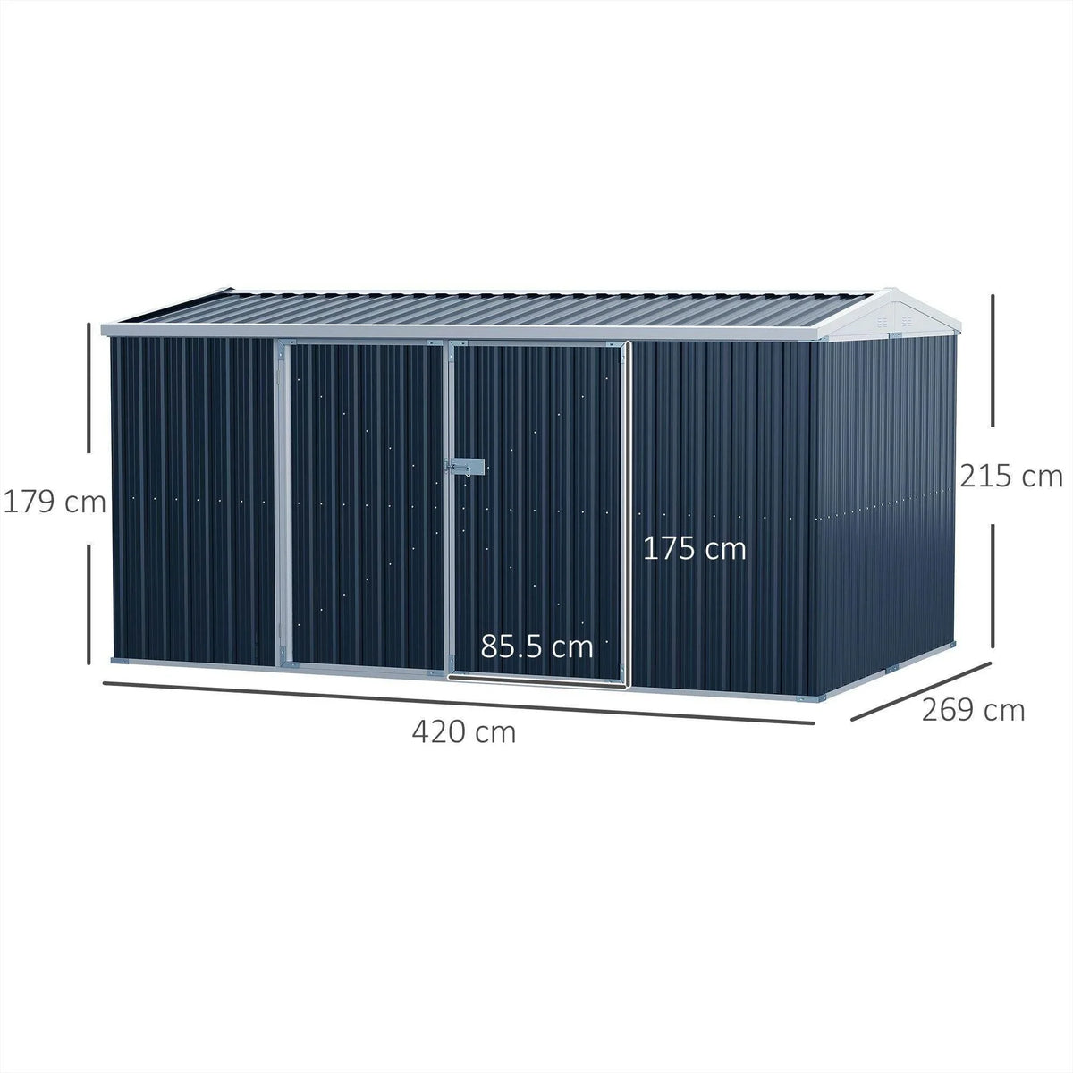 Grey-blue metal outdoor shed front view with double doors and size dimensions