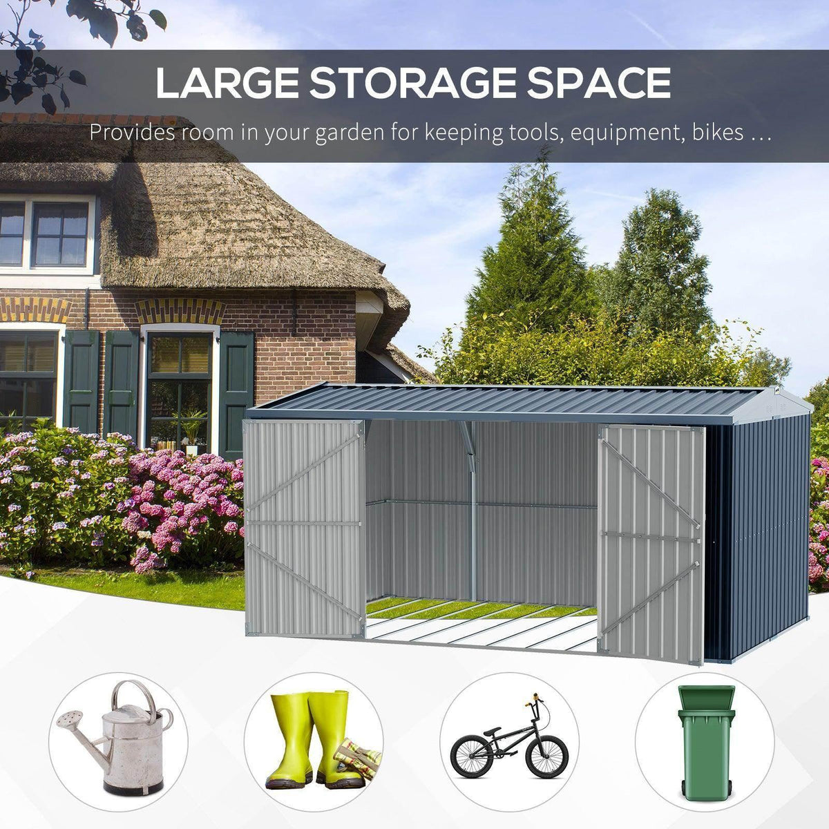 Grey and light-gray metal outdoor shed with open double doors in a garden yard