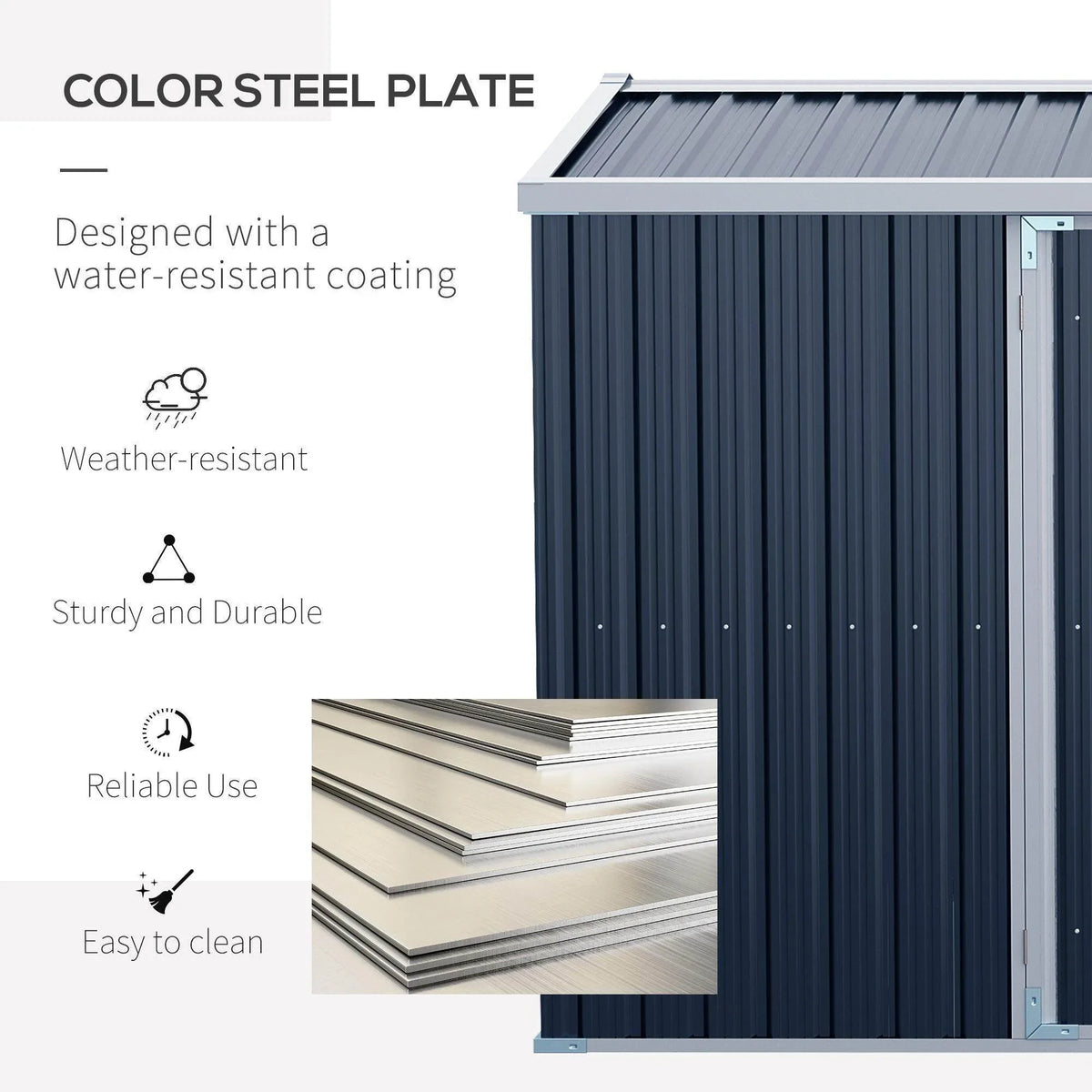Grey metal shed side panel with water-resistant coated steel and sloped roof edge