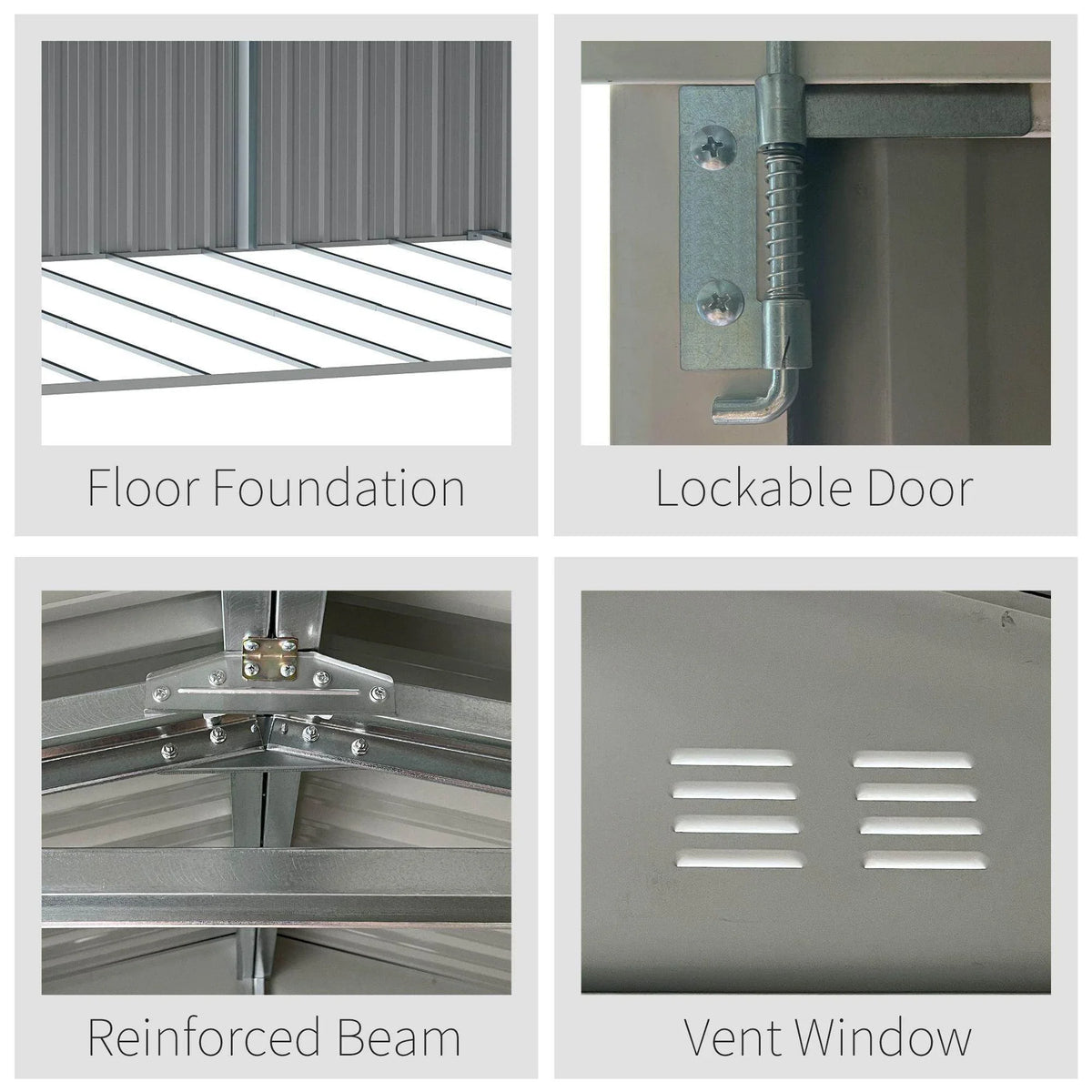 Metal shed interior parts: reinforced beams, vent window, lockable door, floor frame