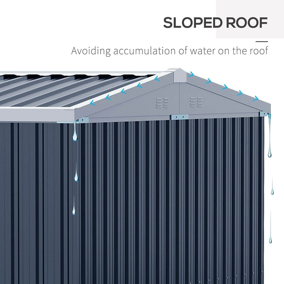 Sloped dark-grey metal roof on outdoor shed with runoff drainage overhang