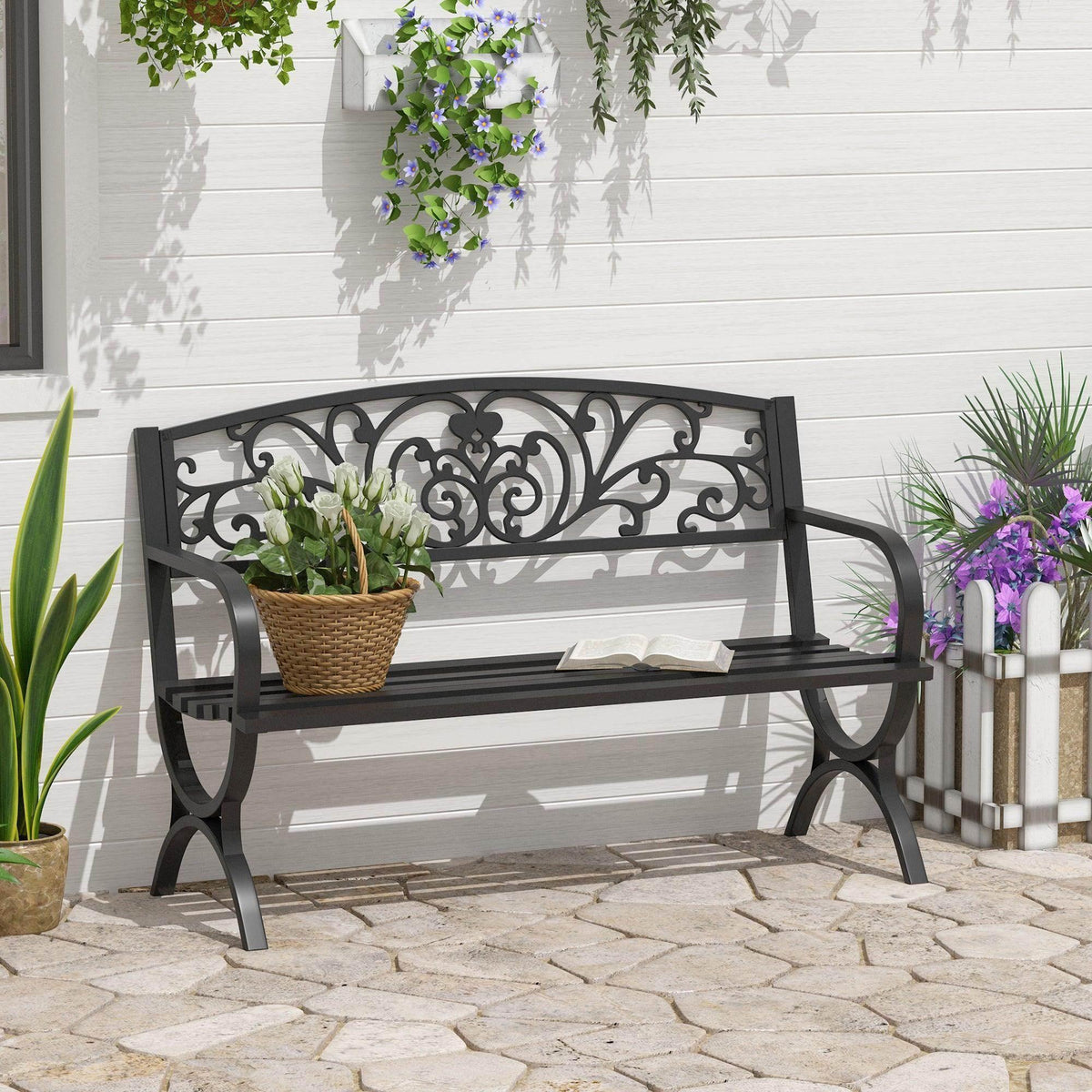 Black 2-seat metal garden bench with scrollwork backrest and slatted seat