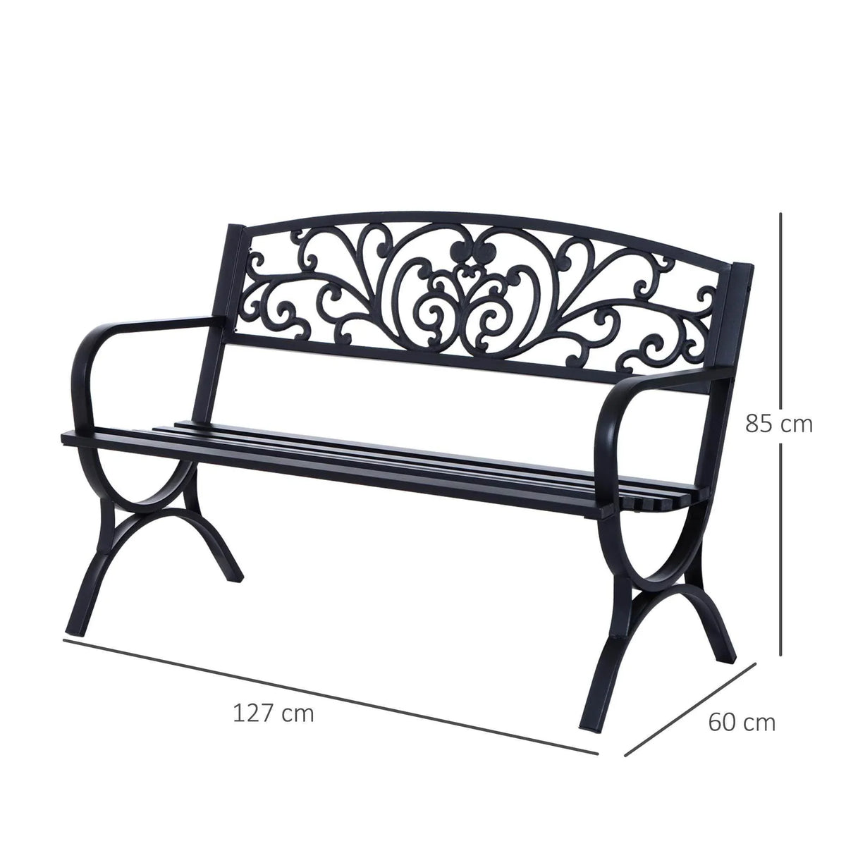 Black outdoor metal loveseat bench with decorative back panel and curved armrests