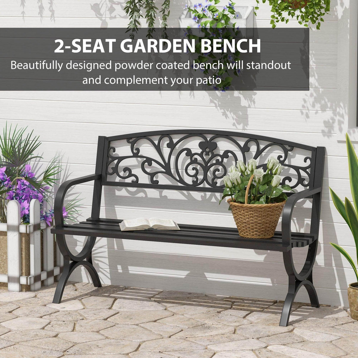 Black 2-seat metal garden bench with ornate backrest and horizontal slat seat
