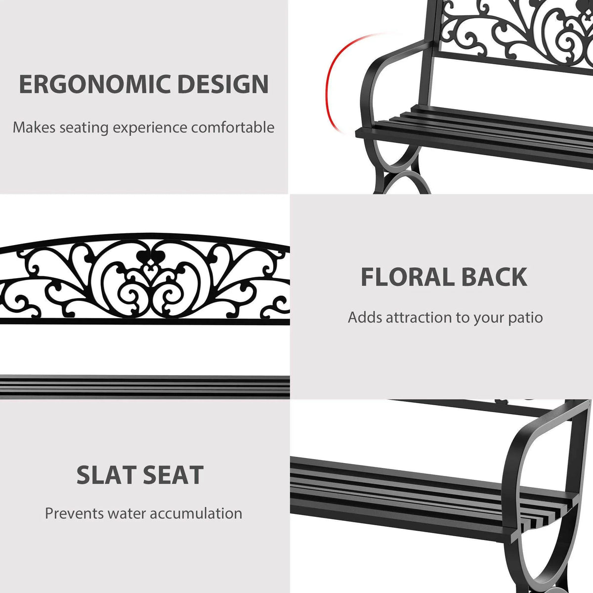 Black metal garden bench detail view: curved armrest, slat seat, floral back panel