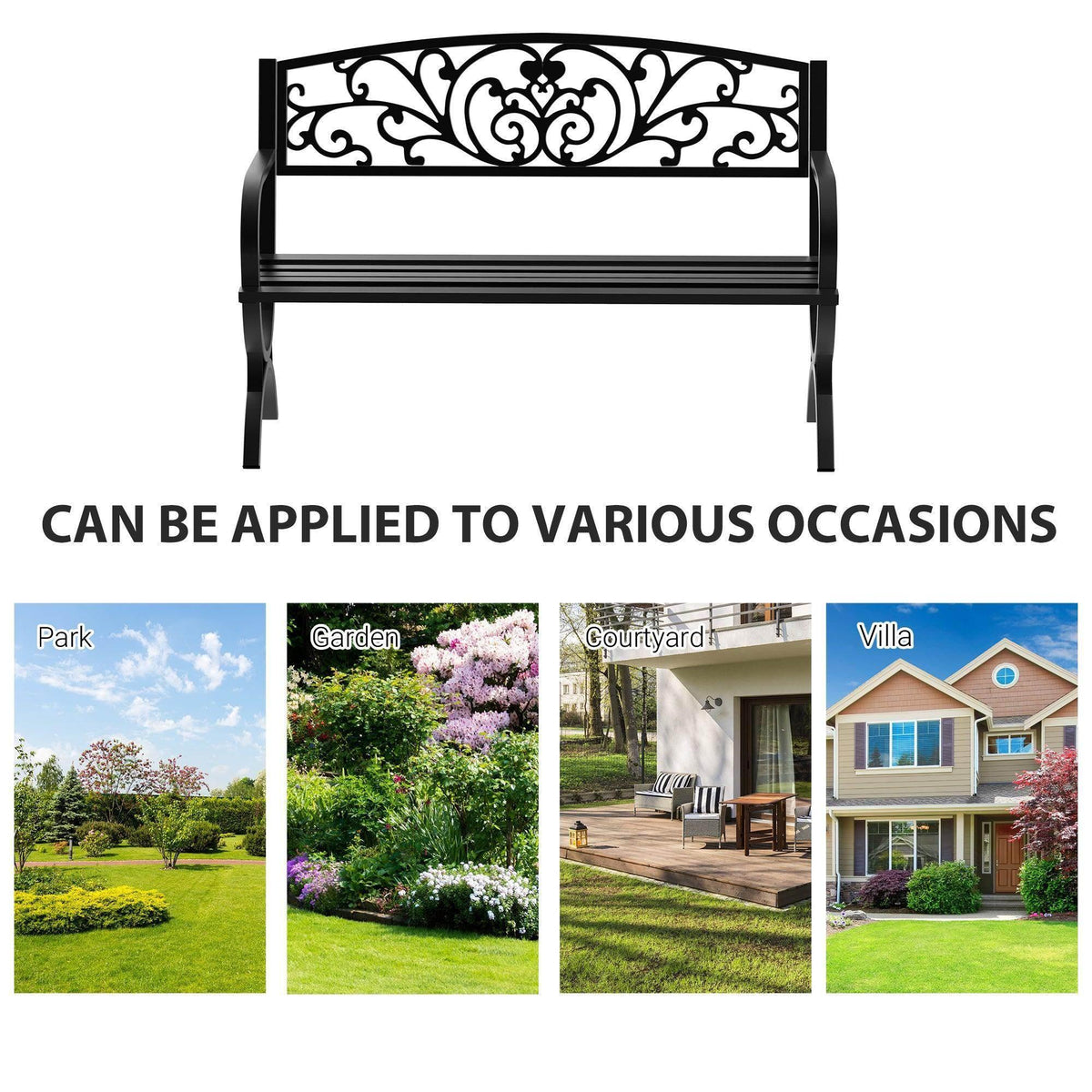 Black metal 2-seat garden bench with decorative back and straight legs