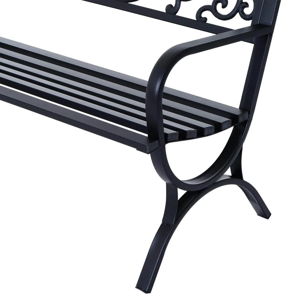 Black metal bench corner detail with slatted seat and rounded support legs