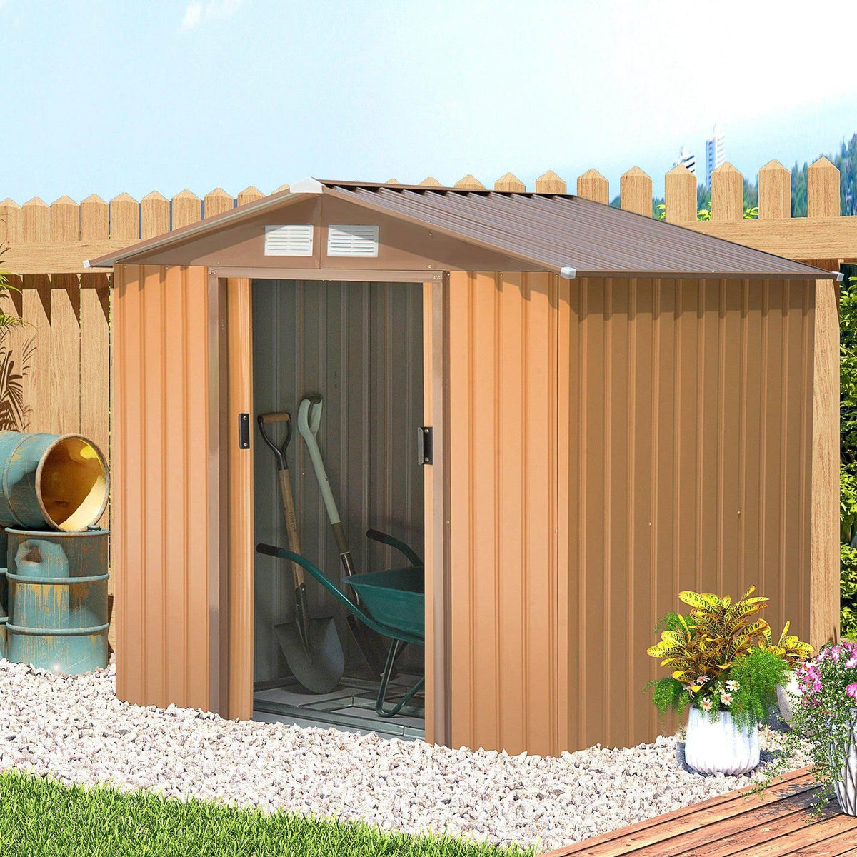 Metal garden shed with double sliding doors and sloped roof, ventilated panels