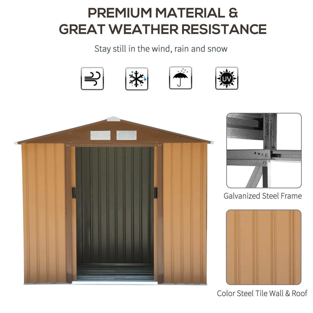 Metal garden shed with double sliding doors, ventilation windows, galvanized steel frame