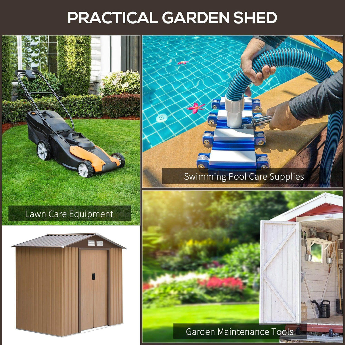Compact metal garden shed in a yard, double sliding doors for secure storage
