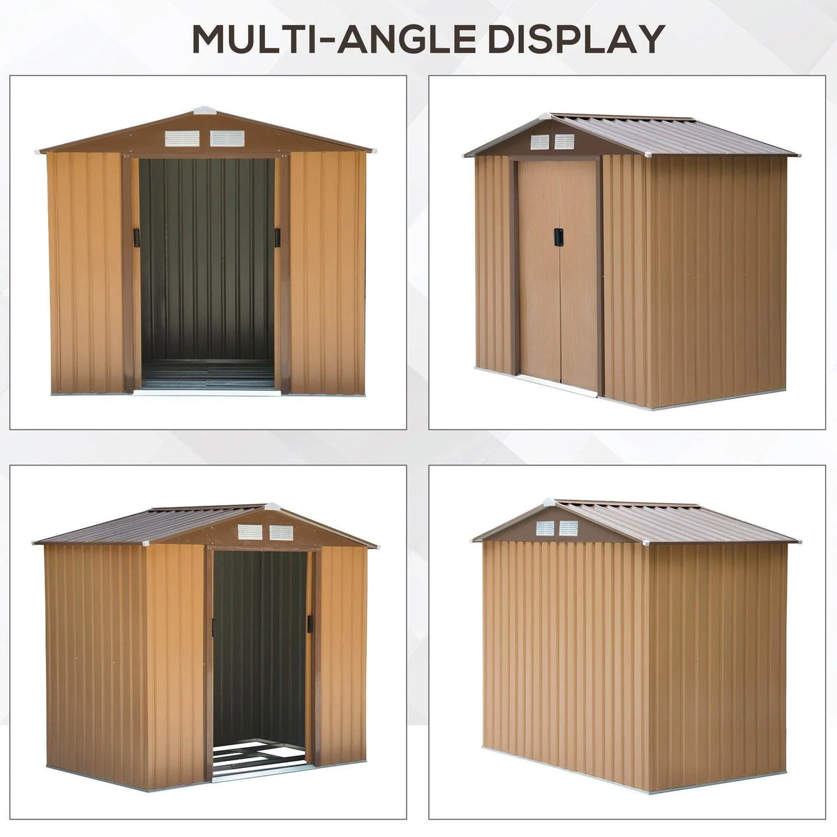 Metal garden shed multi-angle view: front door, side panels, corner view, roofline