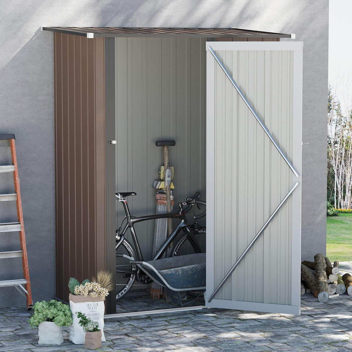 Metal garden shed with double doors, latch hardware, and open storage interior view