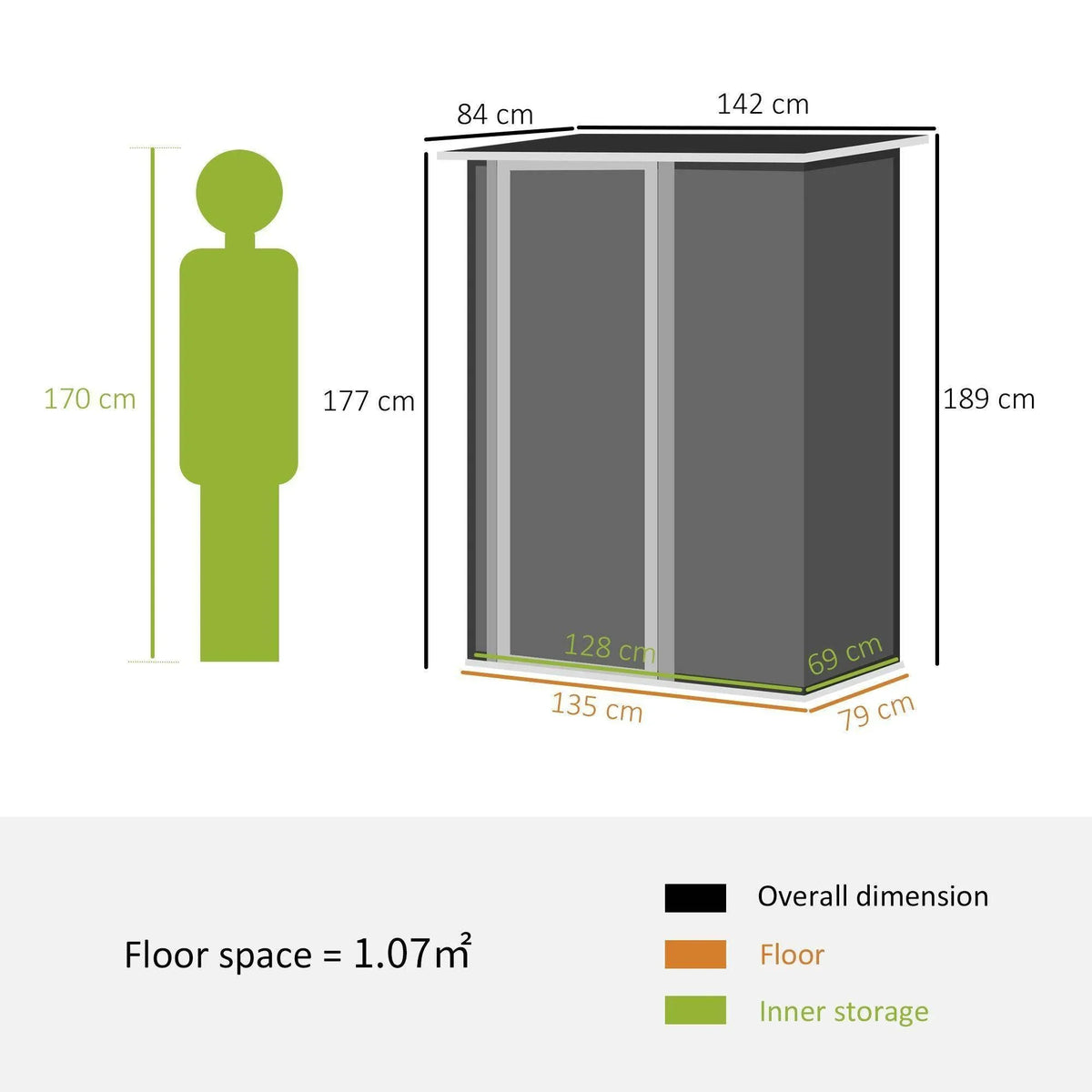 Metal garden shed dimensions diagram with labeled height, width, and floor space