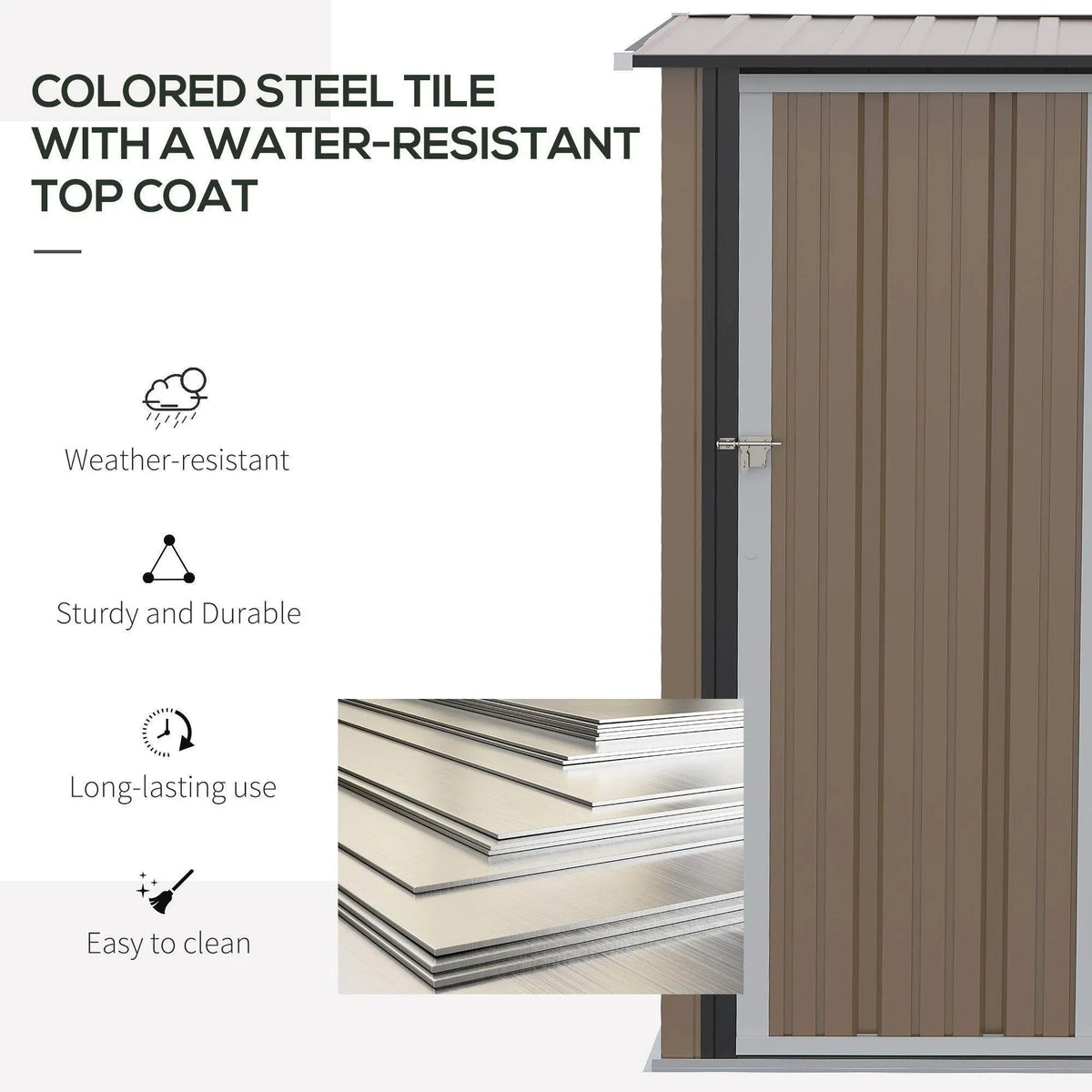Brown metal garden shed with colored steel tile roof and weather-resistant coated top