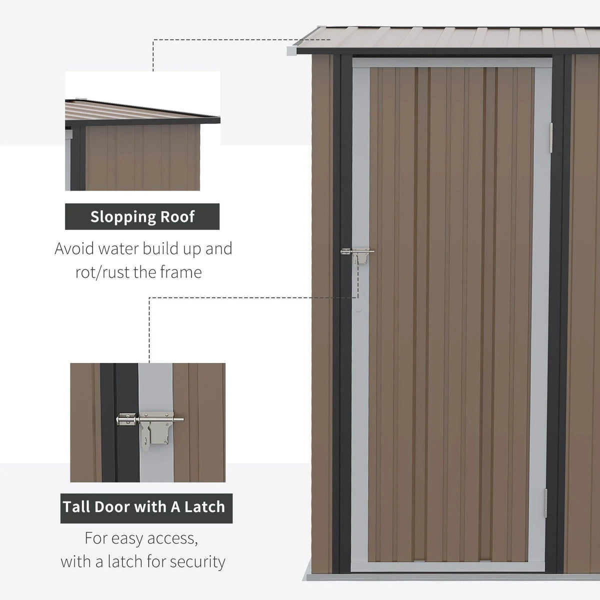 Metal garden shed with sloping roof and tall door with latch for secure access