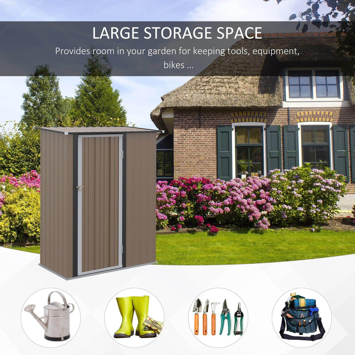 Compact metal garden shed with hinged double doors for outdoor tool and gear storage
