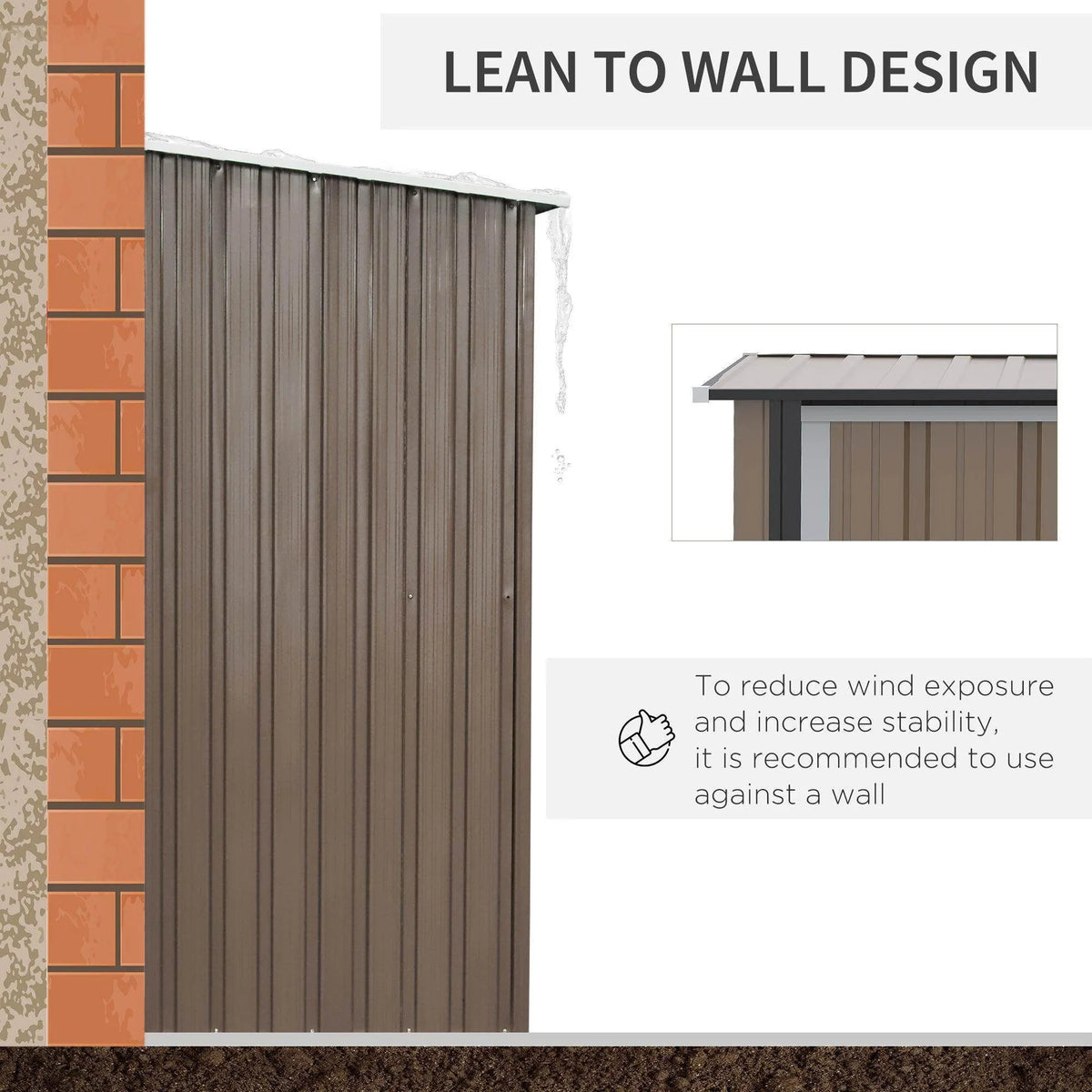Metal garden shed lean-to-wall design with vertical panel siding and roof overhang