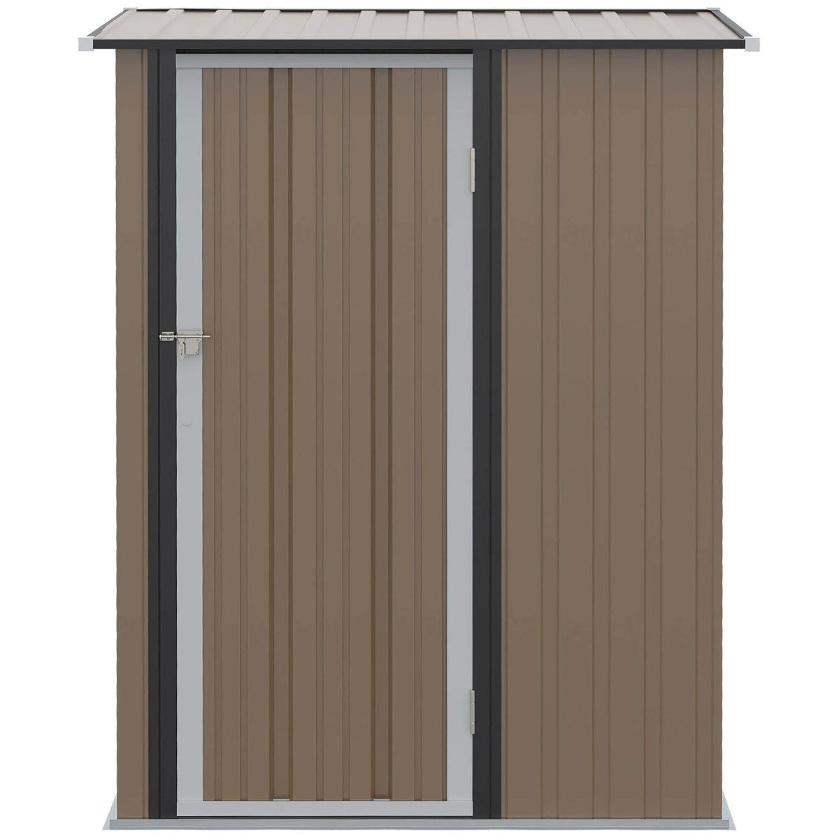 Metal garden shed with tall single door, handle latch, and vertical panel siding
