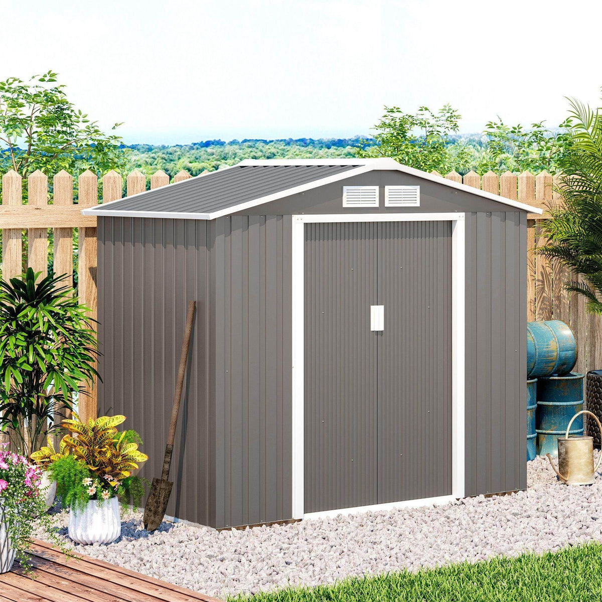 Metal garden storage shed with double sliding door and gray corrugated panels