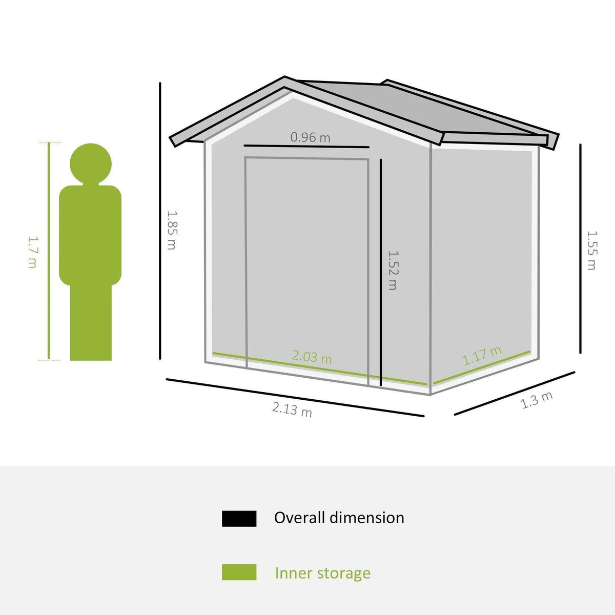 Metal garden storage shed dimension diagram with gray side profile and measurements