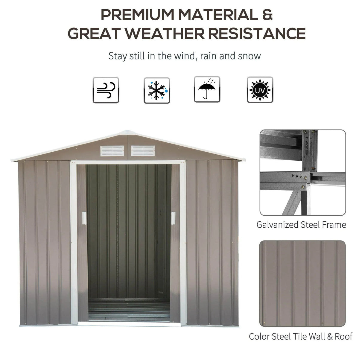 Metal garden storage shed with open front, gray corrugated walls, pitched roof