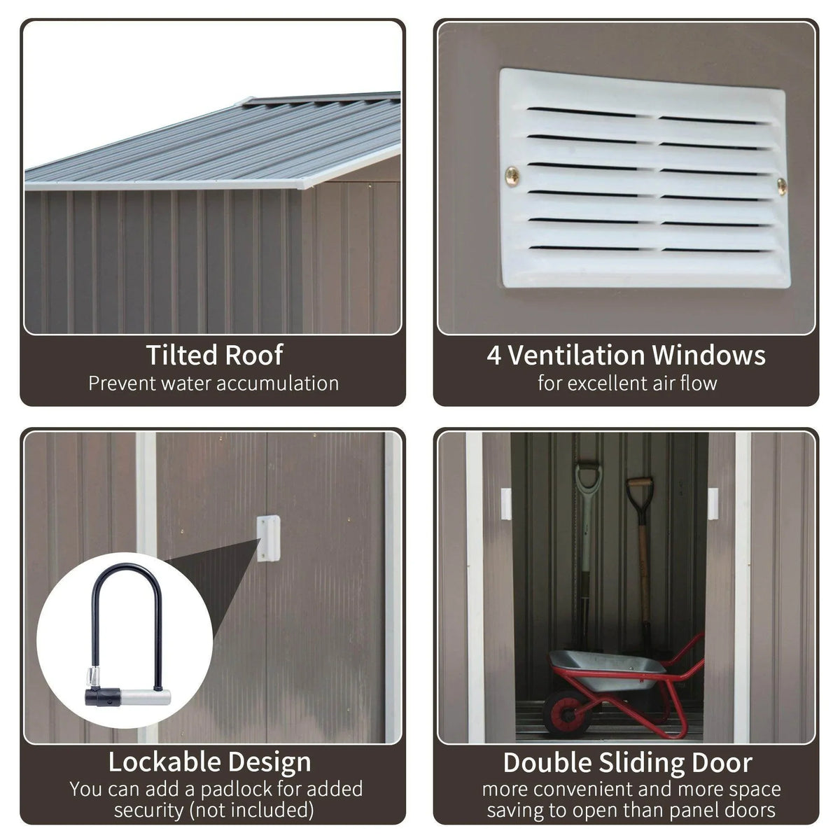 Metal garden shed with four ventilation windows, tilted roof, and lockable sliding doors