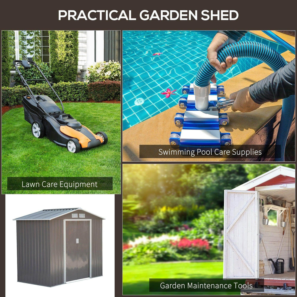 Metal garden storage shed with sliding door and gray corrugated panels, pitched roof