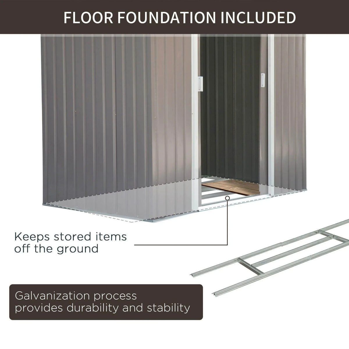 Metal garden storage shed with floor foundation base frame and gray corrugated walls