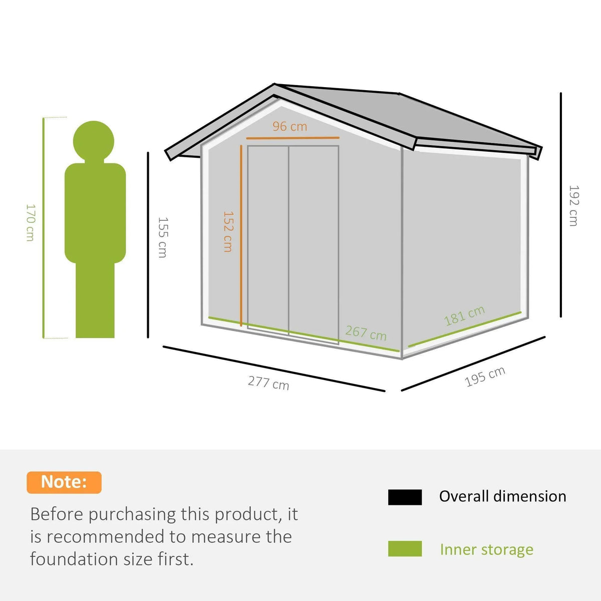 Green and gray metal storage shed diagram with overall dimensions