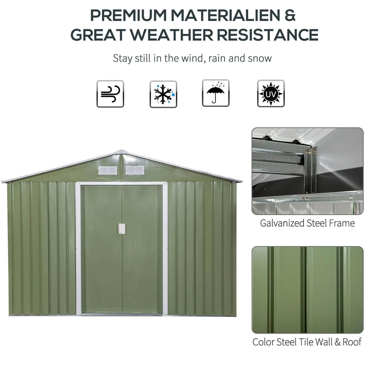 Green metal storage shed with corrugated roof and front door opening