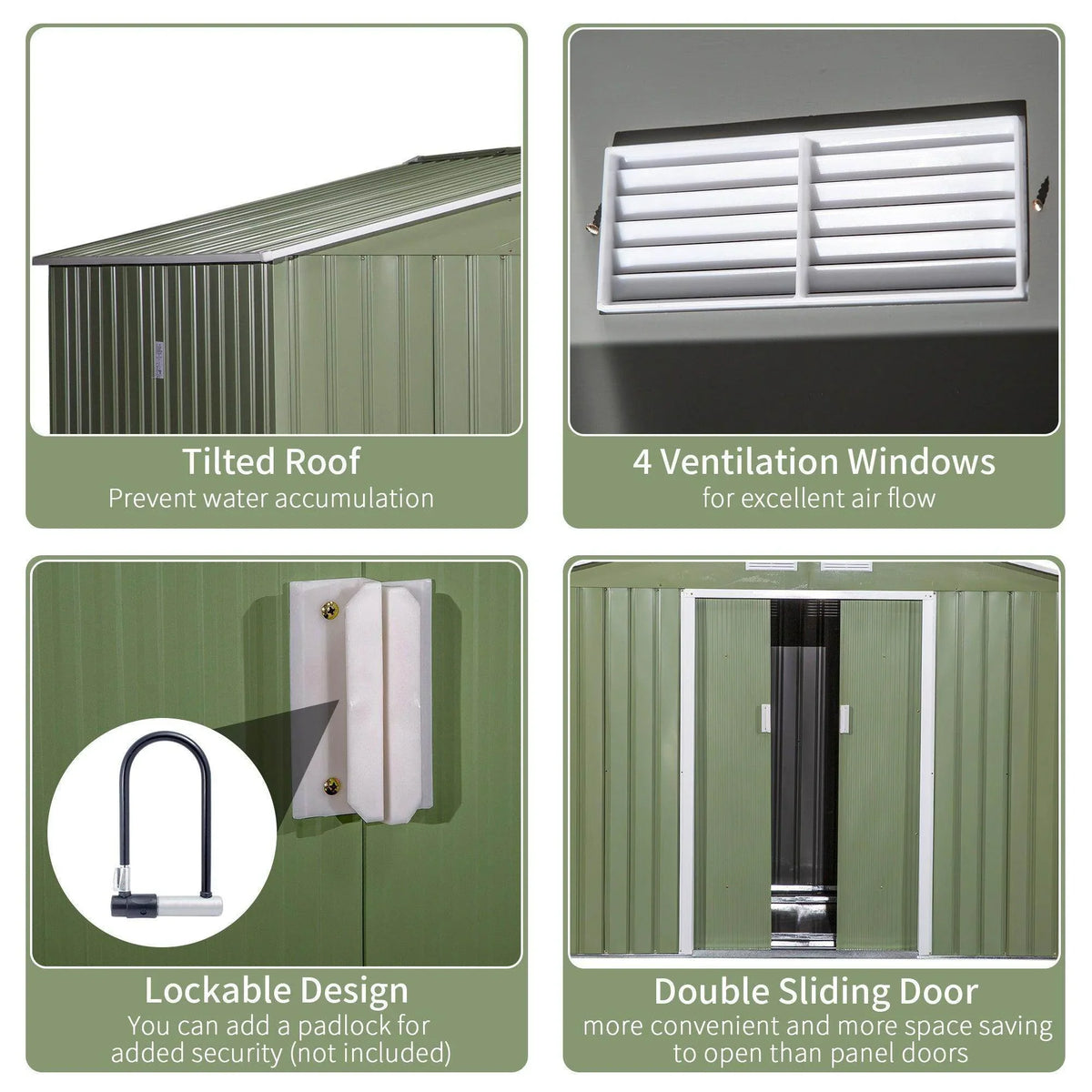 Green metal shed with tilted corrugated roof, ventilation windows, and double sliding doors