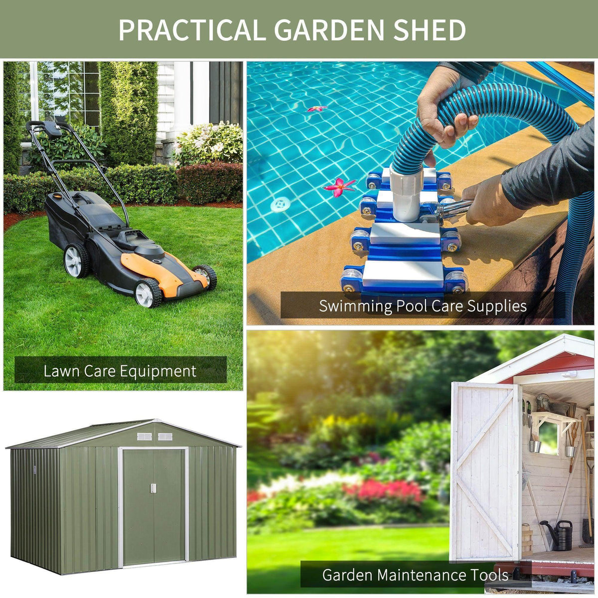 Green metal garden storage shed with double doors and gable roof