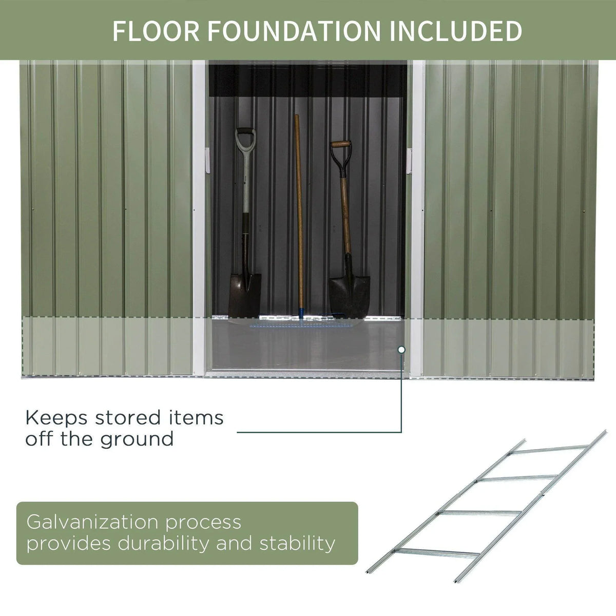 Green metal storage shed interior with elevated floor foundation and door opening