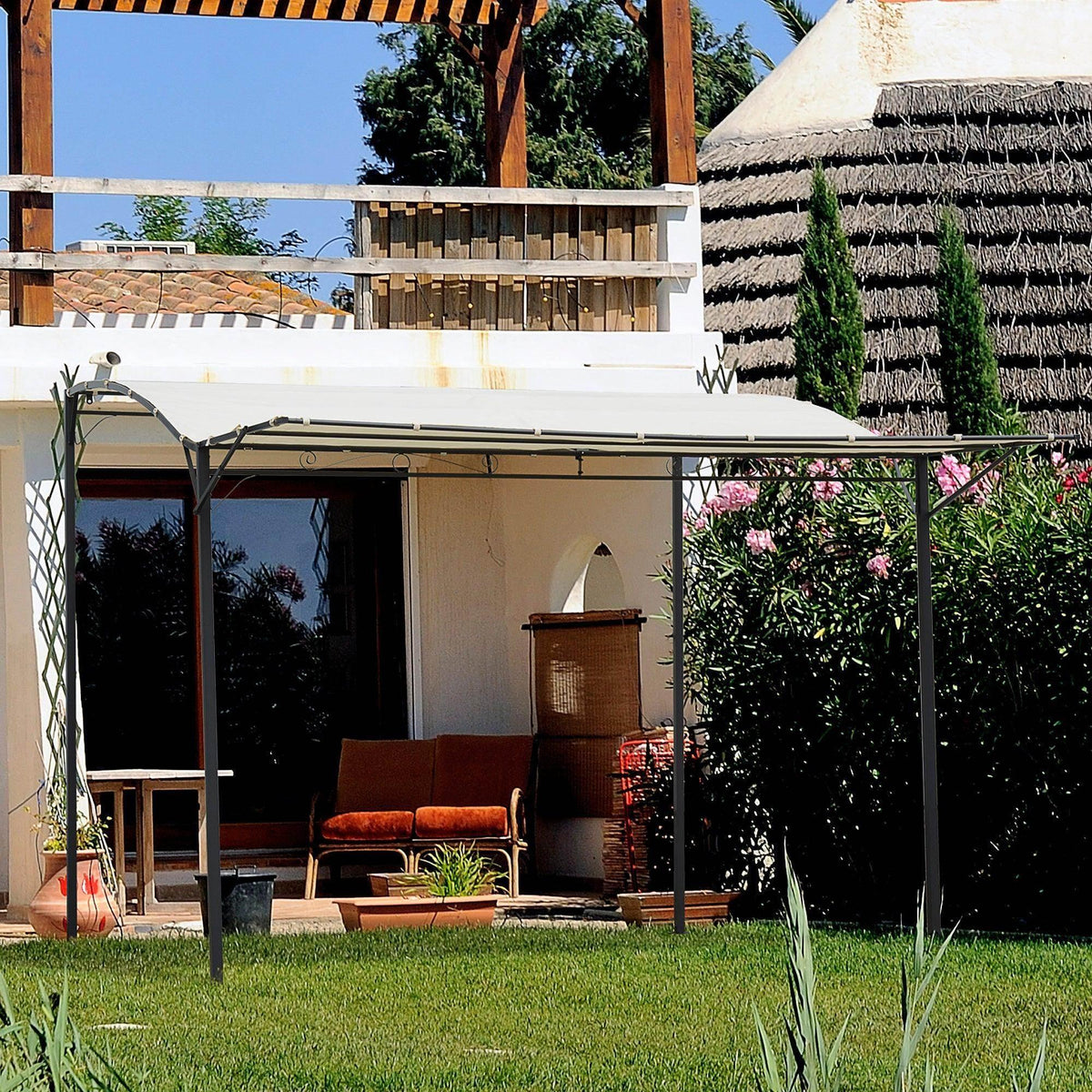 Cream-white canopy metal pergola covering outdoor seating with dark posts