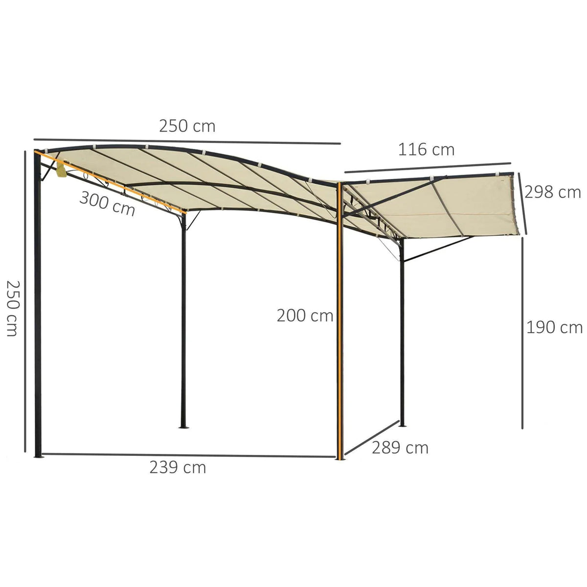 Cream-white retractable pergola dimensions diagram with dark metal frame