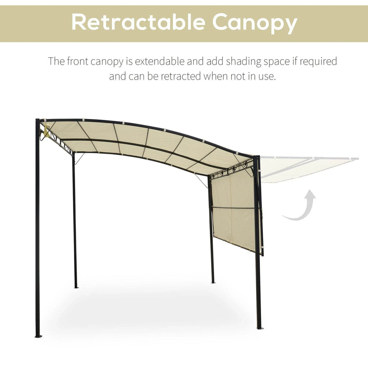 Cream-white retractable canopy pergola with dark metal posts and frame