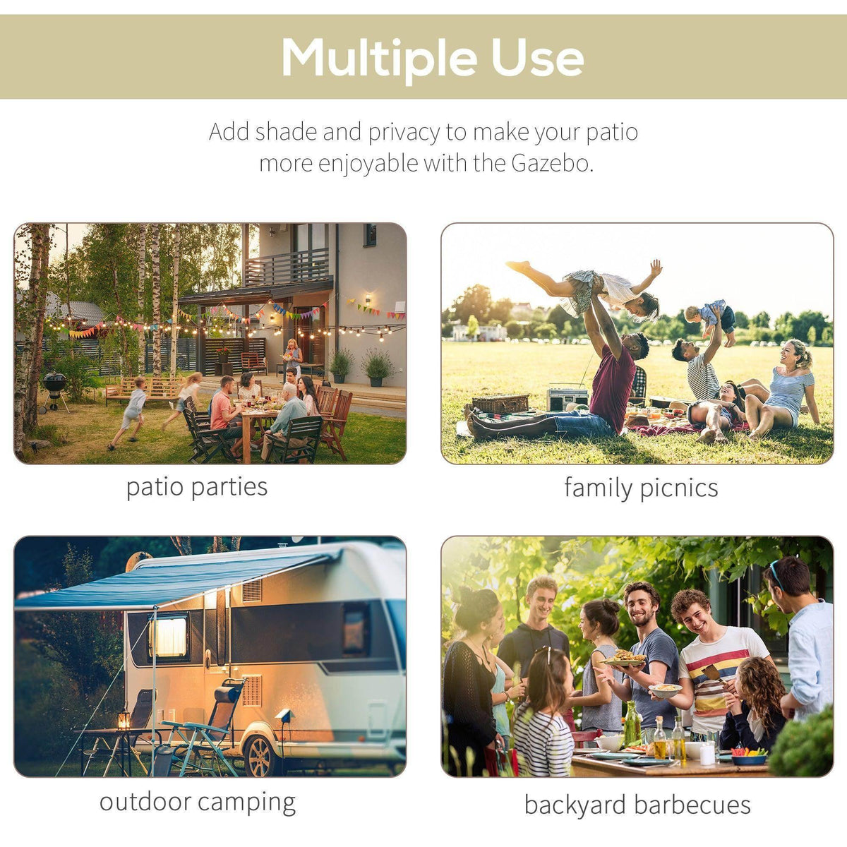 Retractable cream-canopy pergola shown in outdoor lifestyle use scenes