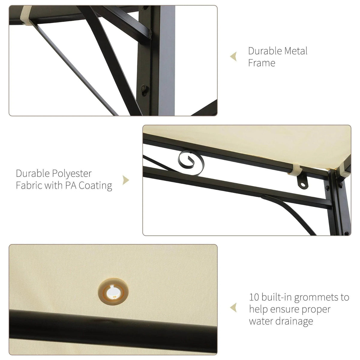 Cream-white canopy fabric with dark metal pergola frame and hanging rings