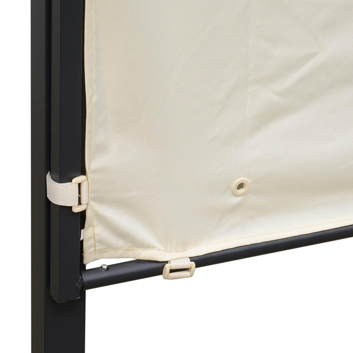 Cream-white fabric pergola side panel secured on a dark metal frame
