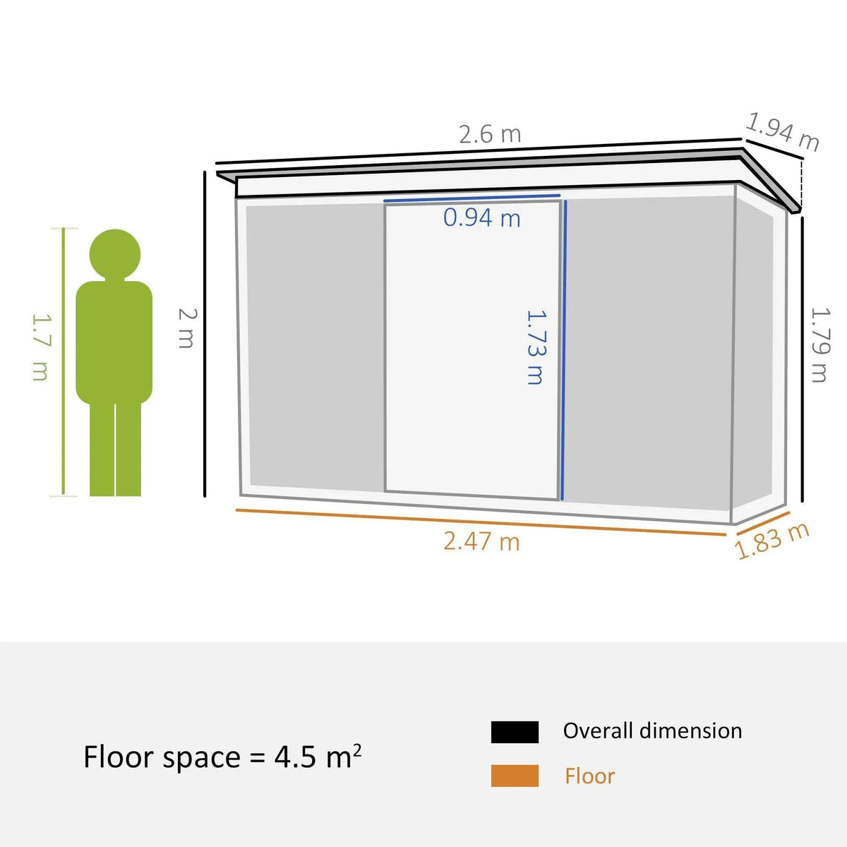 Metal storage shed size diagram with double front doors and pitched roof dimensions