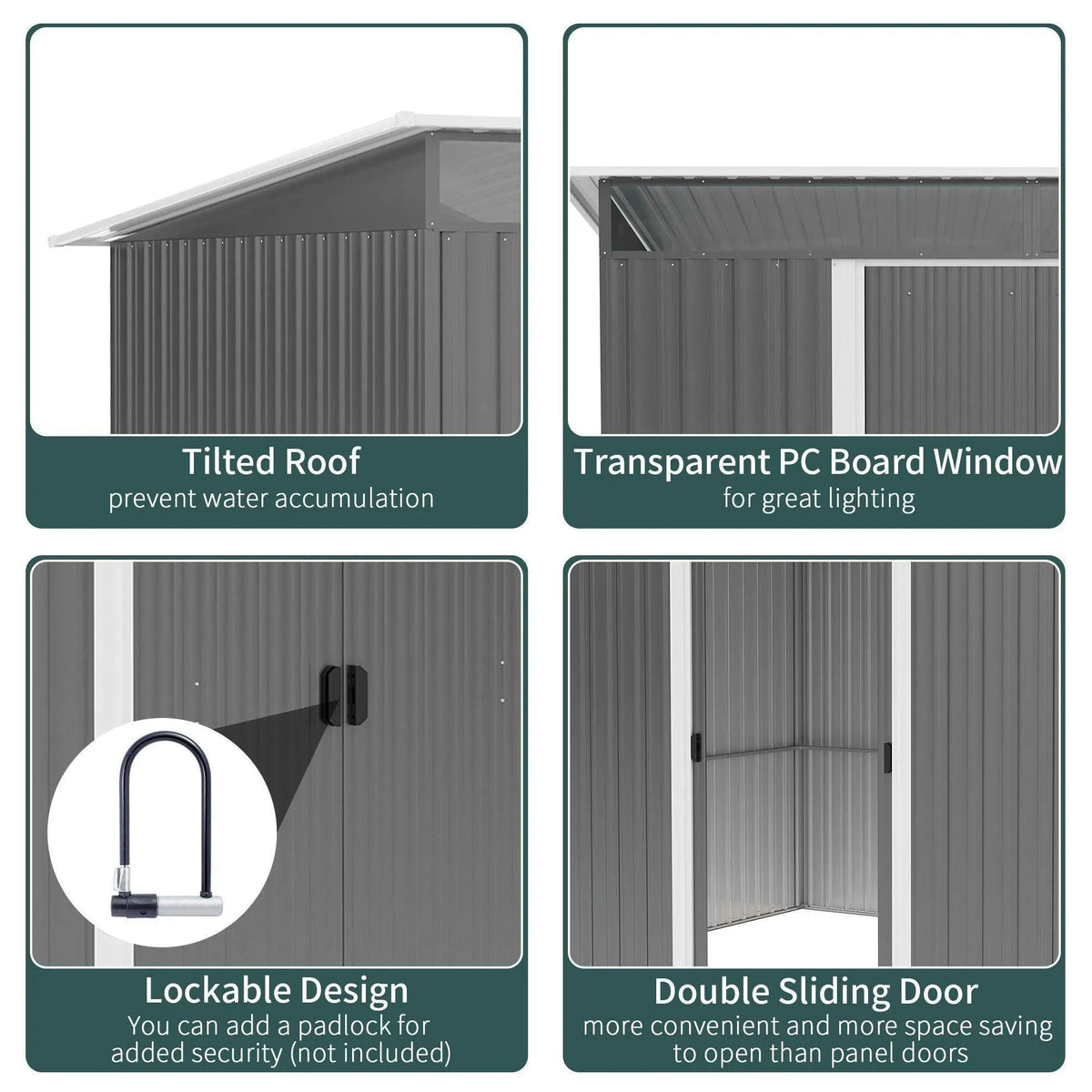 Metal garden shed features panel: tilted roof, PC window, lockable, double sliding doors