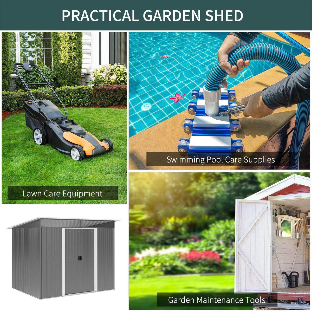 Metal garden shed with double doors and corrugated side walls, promotional layout