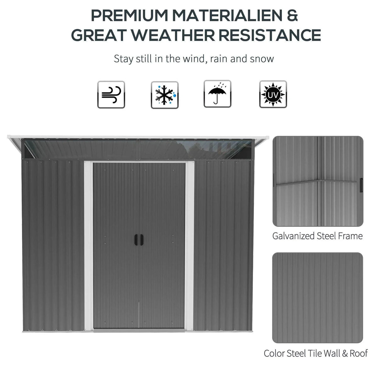 Metal storage shed with double door front, galvanized steel frame, color-coated walls and roof