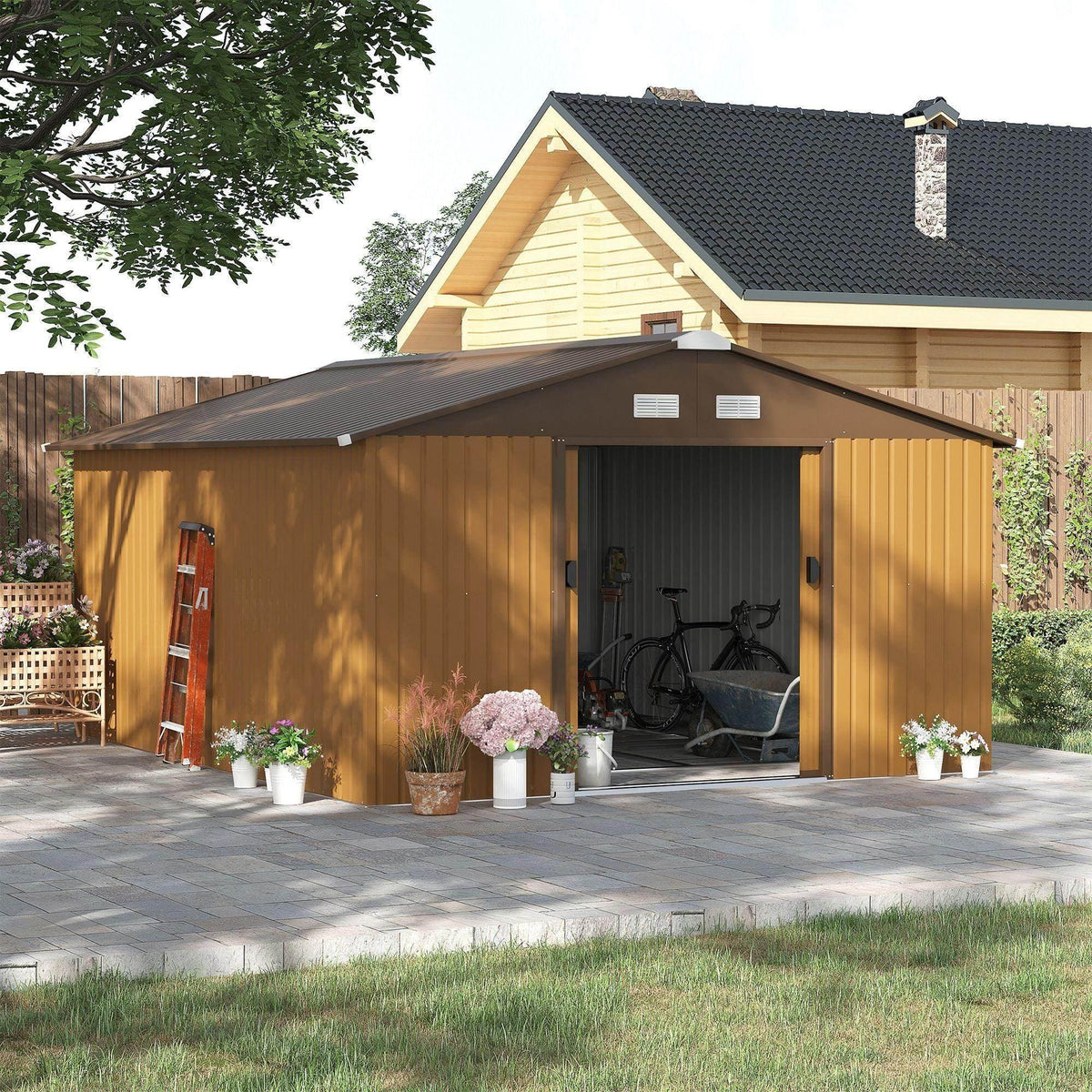 Yellow metal storage shed with gable roof and double sliding doors