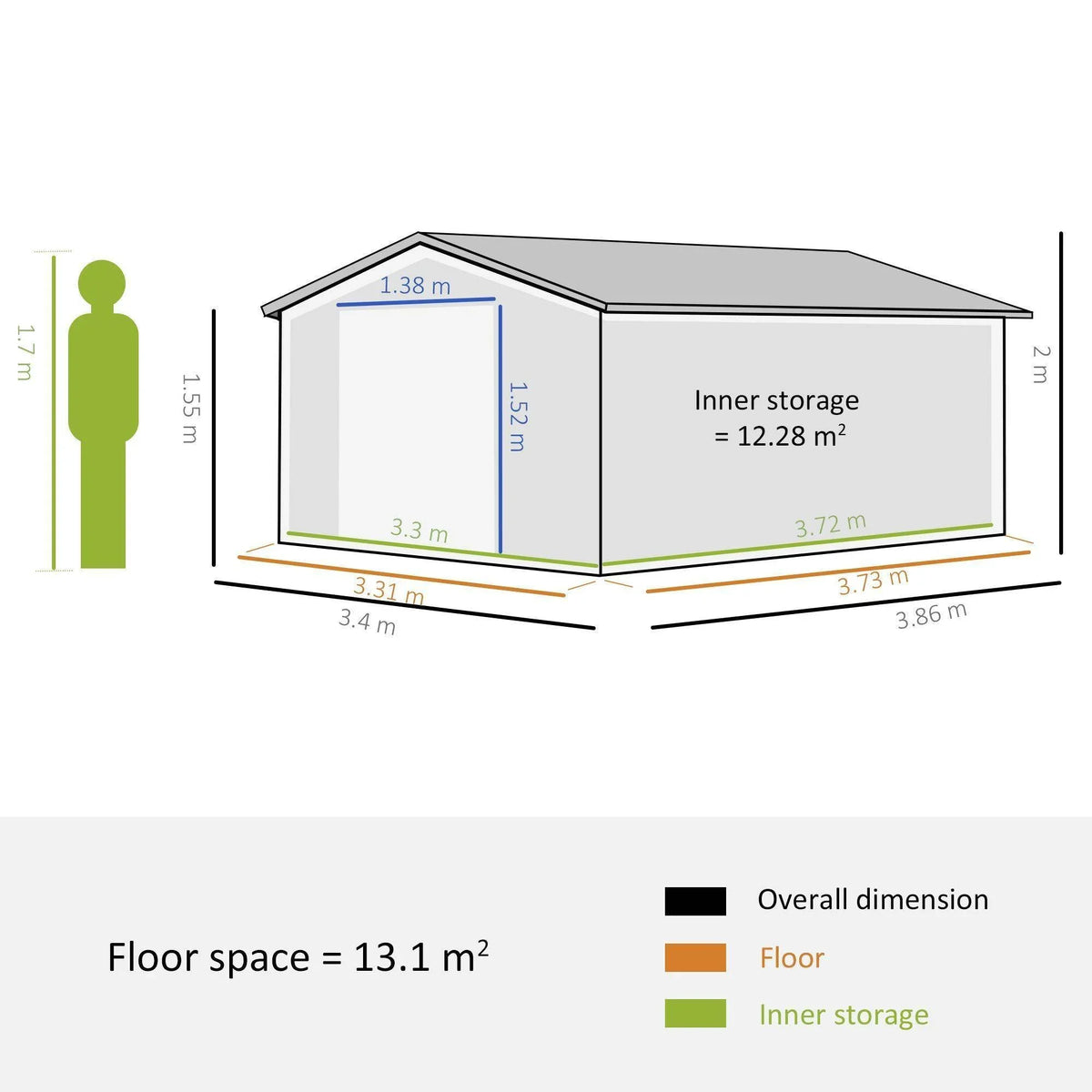Shed side profile diagram with dimensions and labeled inner storage area