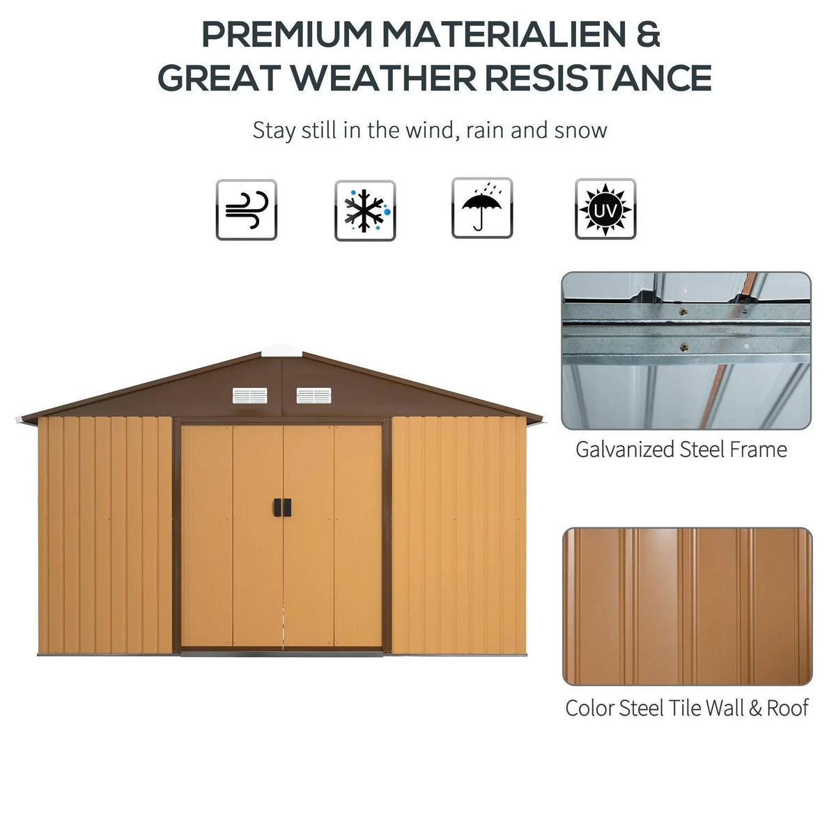 Front view shed diagram showing yellow walls, roof, and ventilation openings