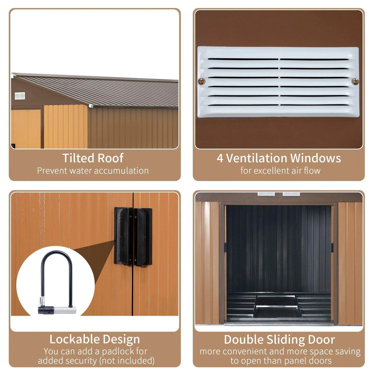 Shed feature collage with tilted roof, ventilation windows, and double sliding door