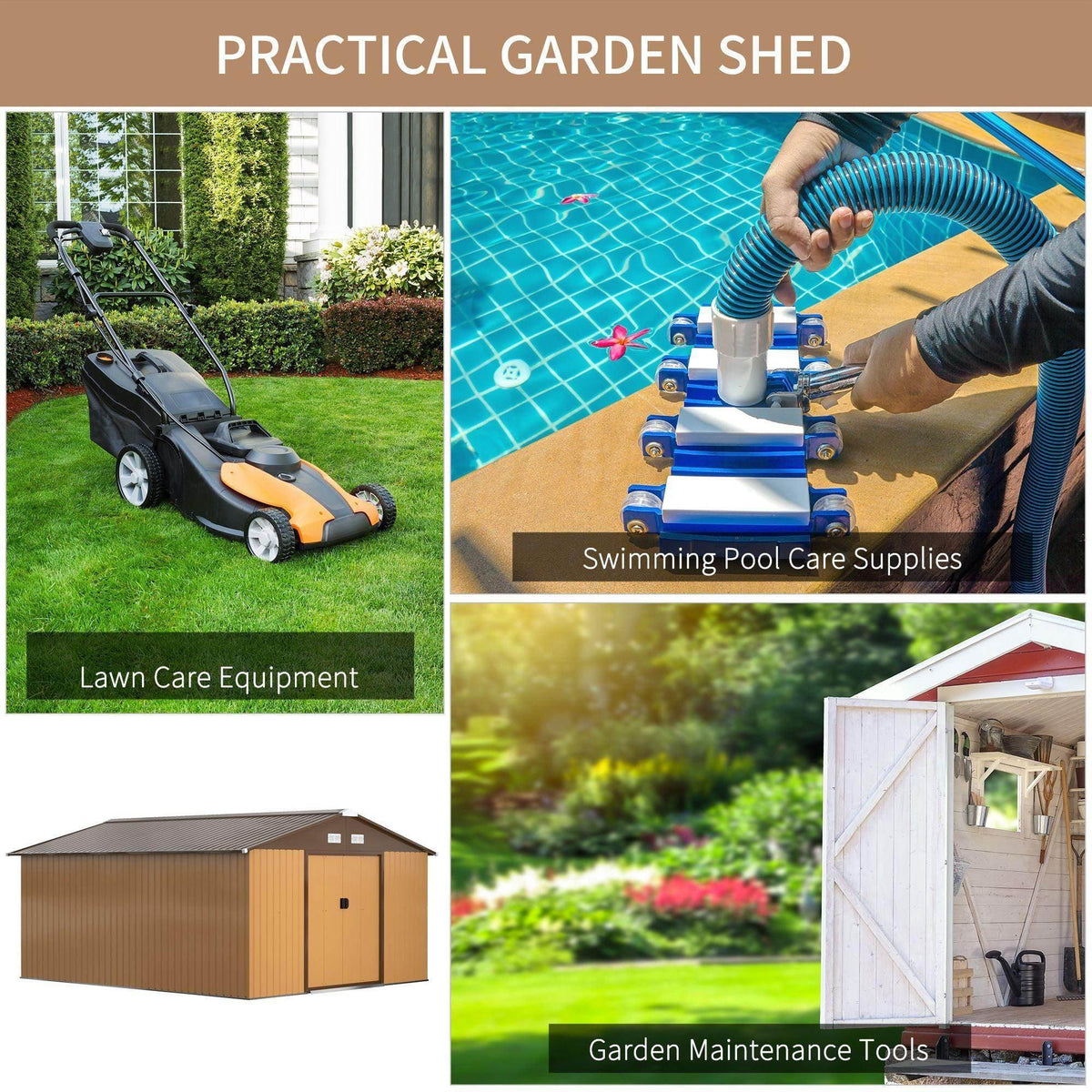 Metal garden storage shed with gable roof, yellow walls, and double sliding door