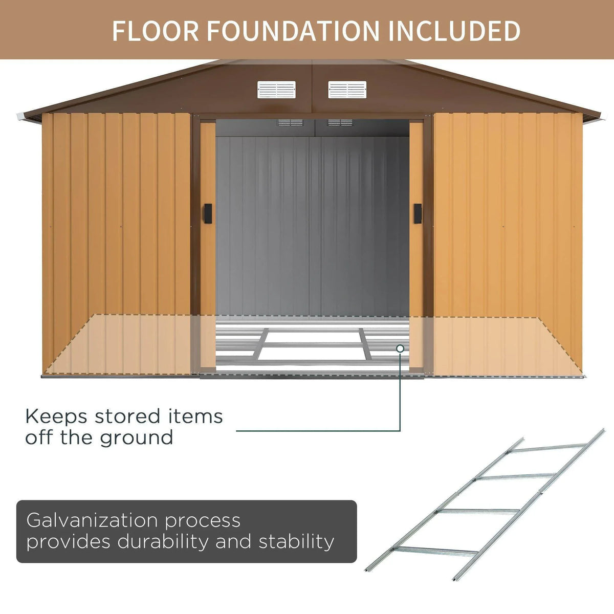 Shed cutaway diagram with raised floor foundation and double sliding doors