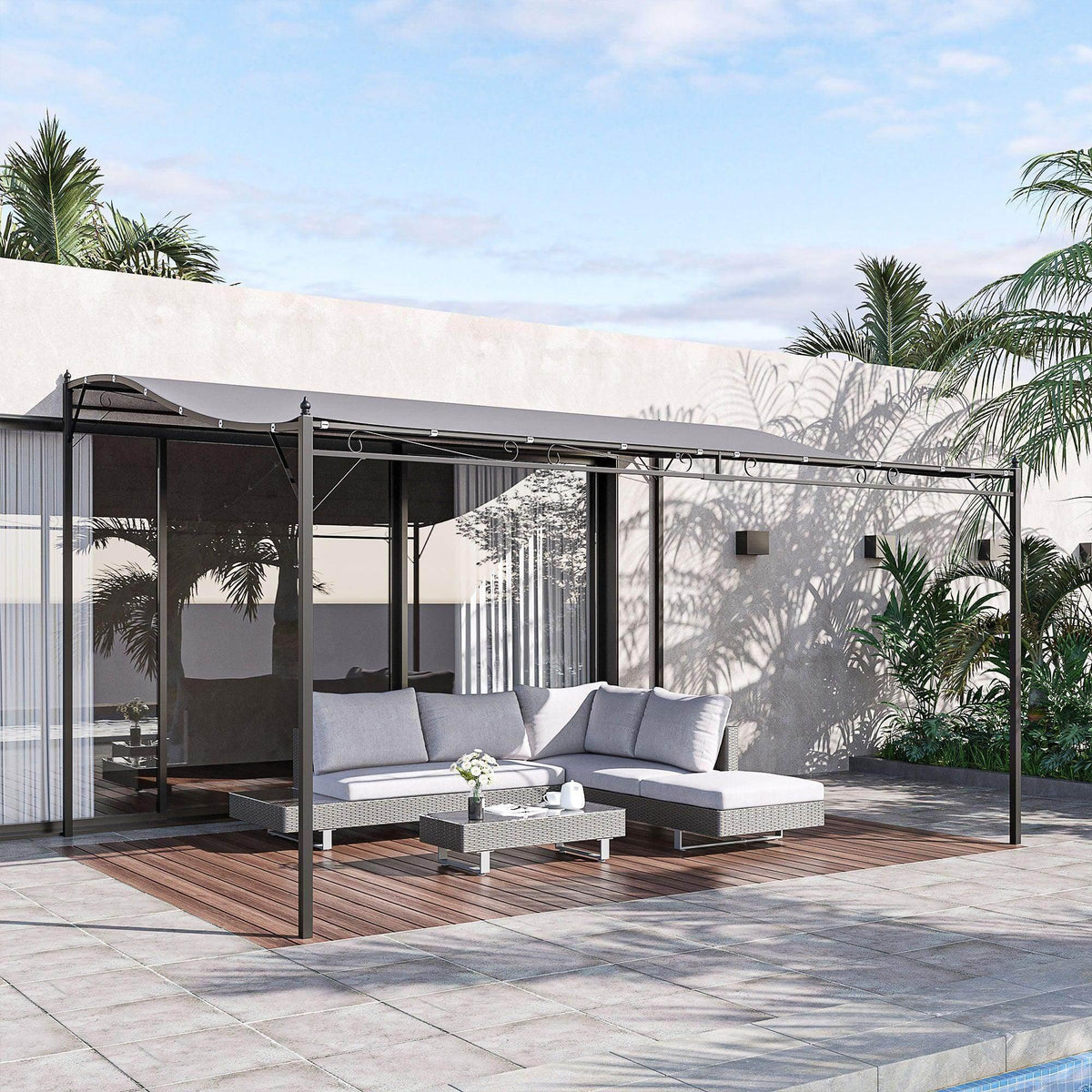 Metal wall gazebo with dark frame and gray roof cover, set up outdoors